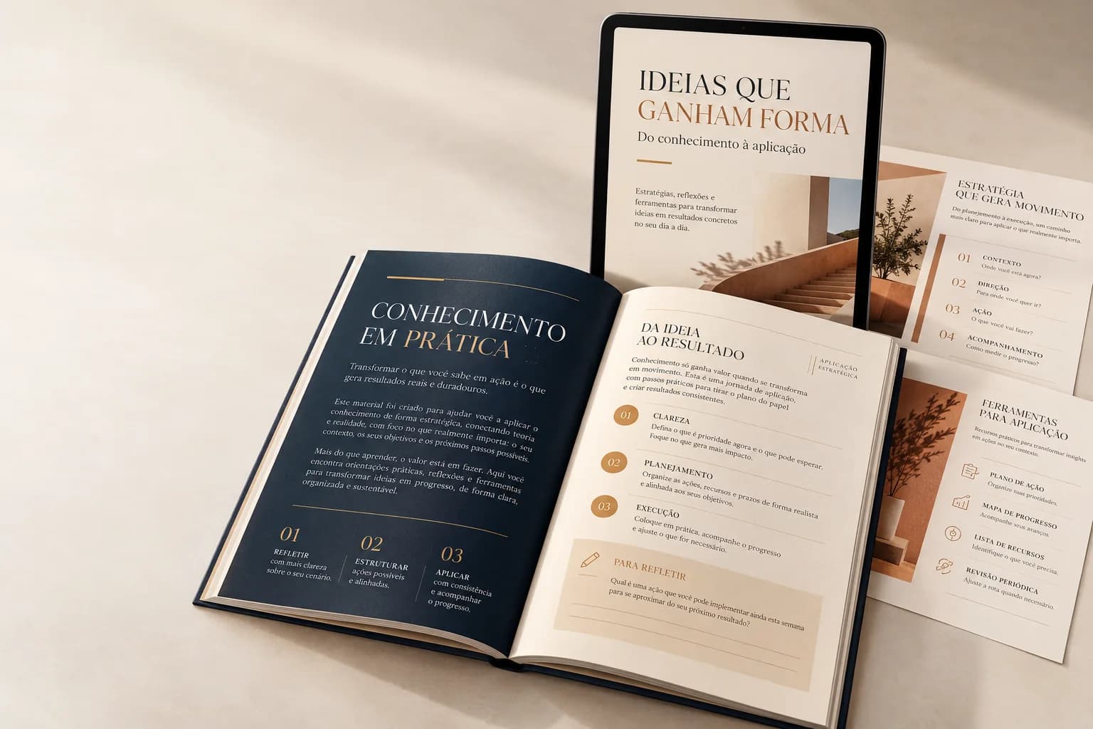 Livro aberto, tablet e folhas impressas com páginas diagramadas de um material sobre aplicação do conhecimento